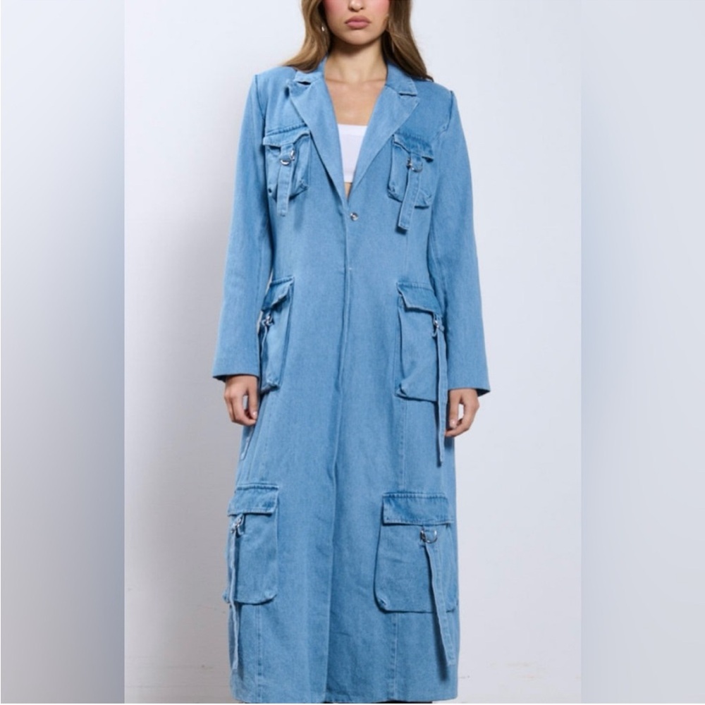 AKIRA Sky Blue Denim Trench Coat with Magnetic Closures